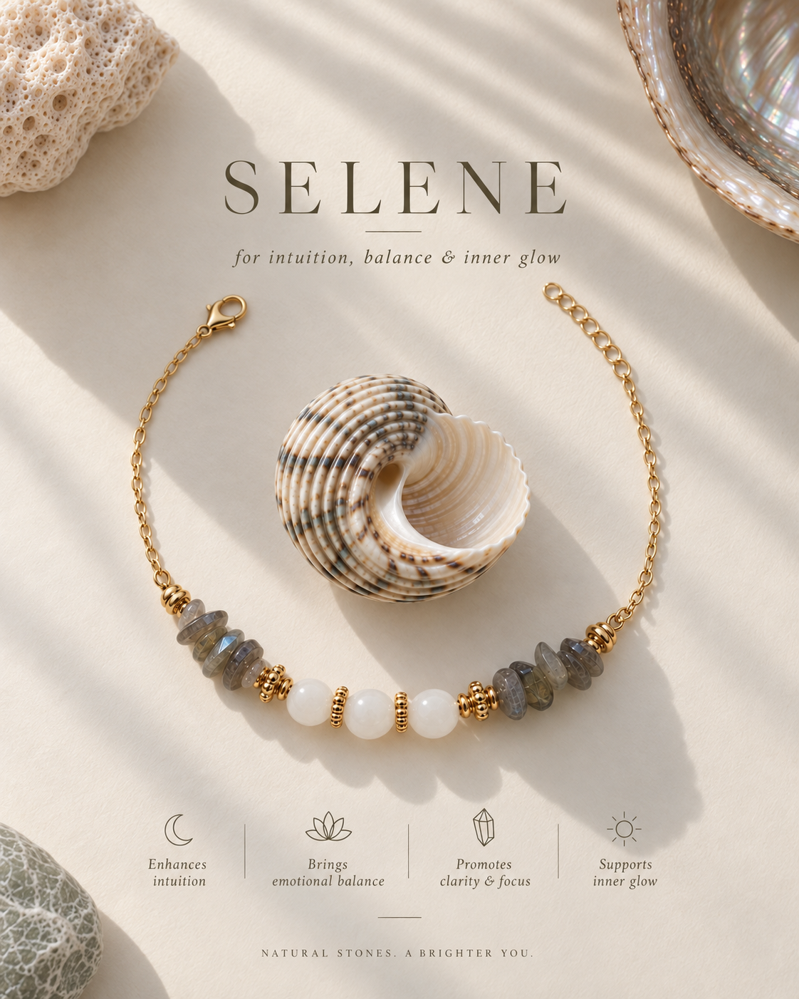 SELENE
For intuition, inner glow & balance.       
A meaningful piece crafted with natural Labradorite & Moonstone — created to remind you to trust your intuition, embrace balance, and carry your inner light with you.