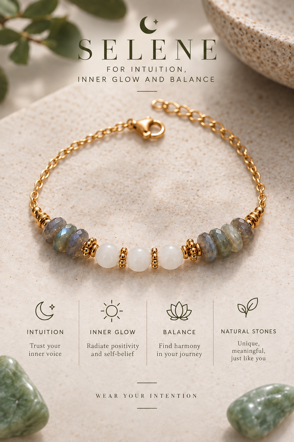 SELENE
For intuition, inner glow & balance.       
A meaningful piece crafted with natural Labradorite & Moonstone — created to remind you to trust your intuition, embrace balance, and carry your inner light with you.