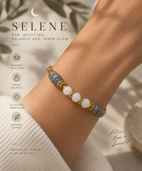 SELENE
For intuition, inner glow & balance.       
A meaningful piece crafted with natural Labradorite & Moonstone — created to remind you to trust your intuition, embrace balance, and carry your inner light with you.