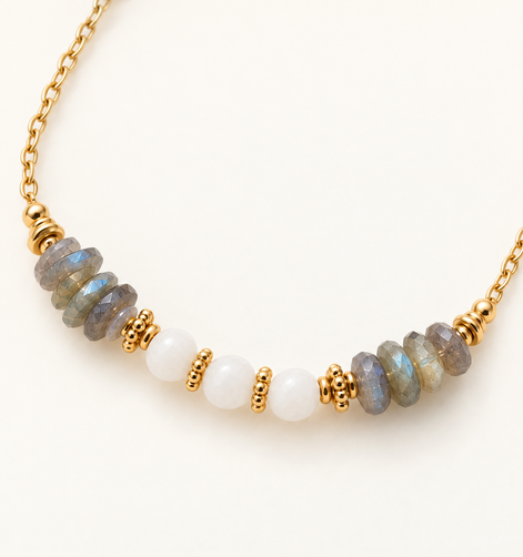 SELENE
For intuition, inner glow & balance.       
A meaningful piece crafted with natural Labradorite & Moonstone — created to remind you to trust your intuition, embrace balance, and carry your inner light with you.